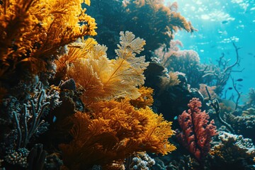 Fototapeta premium A vibrant underwater oasis teeming with life, as yellow and orange seaweed dances among the stony corals, providing a colorful home for a diverse community of invertebrates and marine animals in this