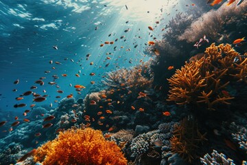 Exploring the vibrant underwater world of a coral reef, surrounded by a variety of fish and mesmerized by the sun's rays shining through the crystal clear water