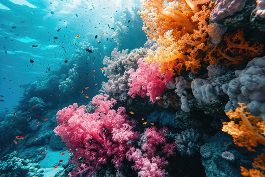Discover the vibrant world beneath the waves, teeming with stony corals, seaweed, and a diverse array of marine organisms like fish and invertebrates in this stunning coral reef scene