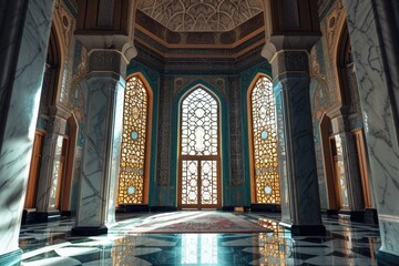 Obraz premium Inside the grand church, water-like light pours through stained glass windows, illuminating the symmetrical art and ornate details of the indoor room