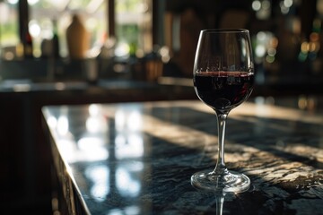 Amidst the sophistication of a well-stocked bar, a lone wine glass sits on the counter, tempting with its sparkling contents and evoking thoughts of indulgence and relaxation