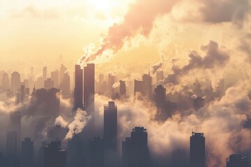 As the sun sets over the metropolis, towering skyscrapers and city buildings are shrouded in a thick fog of smoke, creating a striking cityscape that captures the chaotic beauty of urban life