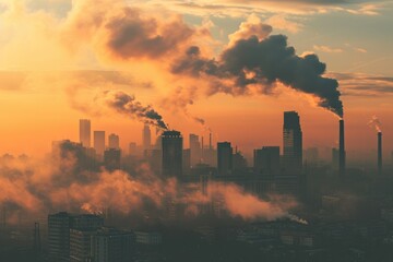 As the sun sets on the horizon, a city enveloped in a thick cloud of smoke stands tall with its towering skyscrapers and tower blocks, creating a dramatic and hauntingly beautiful skyline against the