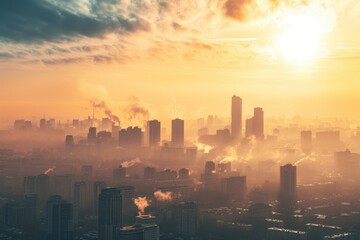 Fototapeta premium A bustling metropolis, shrouded in a dense fog and illuminated by the rising sun, boasts a stunning skyline of towering skyscrapers and towering tower blocks, creating a mesmerizing cityscape