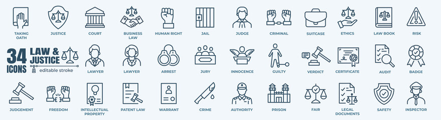 Law and justice minimal thin line web icon set. Outline editable icons collection. Simple vector illustration. - obrazy, fototapety, plakaty
