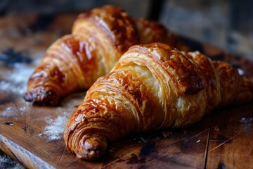 Delicate viennoiserie temptingly displayed on a rustic wooden surface, beckoning with the irresistible aroma of freshly baked bread