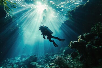 An experienced divemaster navigates the vibrant underwater world of a coral reef, equipped with their scuba gear and oxygen mask, swimming gracefully amongst schools of fish and exploring the beauty  - obrazy, fototapety, plakaty
