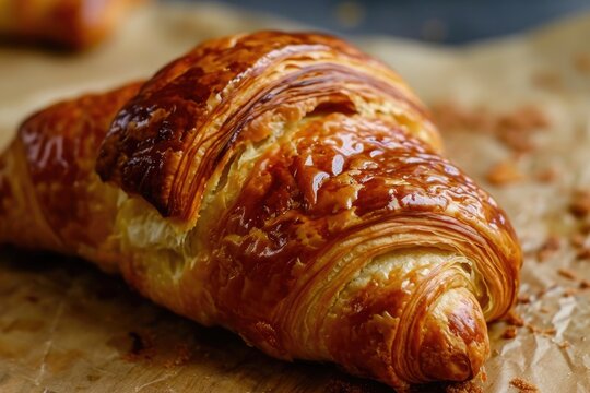 A mouthwatering viennoiserie treat, this gluten-filled croissant is a staple food for bakers and pastry lovers alike, with its flaky puff pastry and indulgent brioche taste, perfect for an indoor sna © ChaoticMind