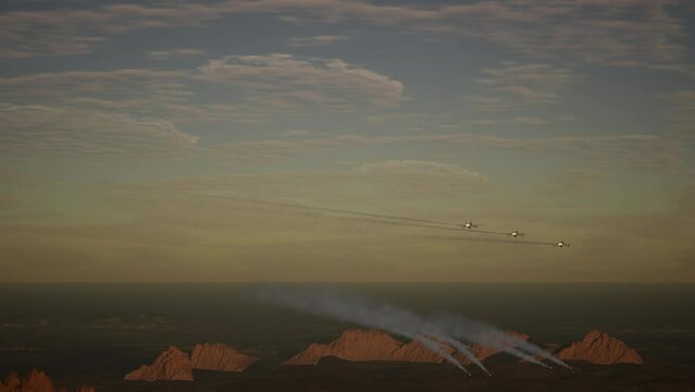 Military Airplanes Drops Bomb On The Battlefield At Sunset. War Concept
