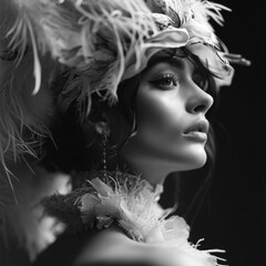 black and white Fashion Photography, model posing elegantly, close-up shot, avant-garde fashion, dramatic spotlighting, monochrome, elaborate feathered headpiece