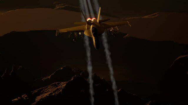 Military Airplane Drops Bomb On The Battlefield At Sunset. War Concept
