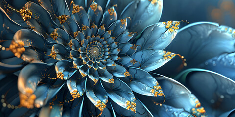 Beautiful abstract blue flower with gold veins and pollen, petals arranged in fibonacci spiral