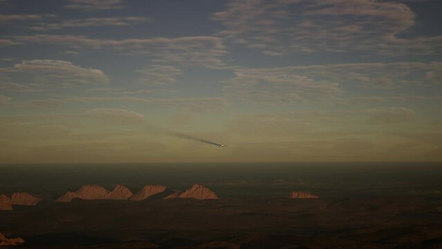 Military Airplane Flying Above The Battlefield At Sunset. War Concept
