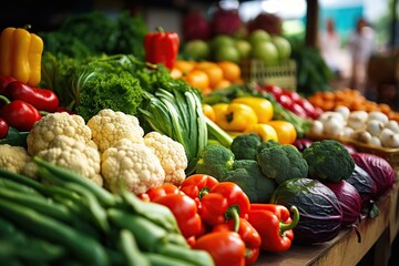 Assortment of ripe vegetables on the market counter