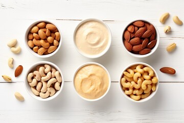 Bowls of hazelnut, cashew and almonds butter on wooden background