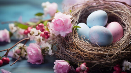 Easter eggs decorated with flowers in a decorative nest. Spring background. Happy Easter card template 