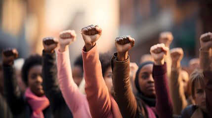 Women's Day March, March 8. Fists raised by a multiracial group of women fighting for their rights. International Women's Day - obrazy, fototapety, plakaty