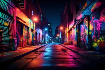 Urban alley at night, featuring graffiti-covered walls illuminated by neon lights, against a gradient sky with city glow.