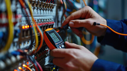 A technician in professional attire is carefully using a digital multimeter to check or troubleshoot an electrical panel