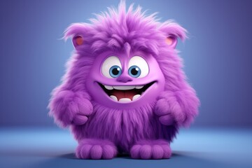 Cute violet furry monster 3D cartoon character - obrazy, fototapety, plakaty