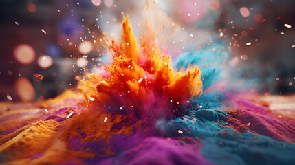 Burst of festive colors, a traditional Holi celebration in action. This imagery is suitable for marketing campaigns for color runs, music festivals, and other events where color powder is a feature. - obrazy, fototapety, plakaty