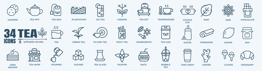 Tea and tea pot minimal thin line web icon set. Outline editable icons collection. Simple vector illustration.