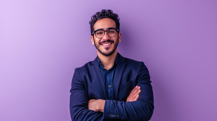 Obraz premium Man is smiling and standing confidently with his arms crossed, set against a plain purple background