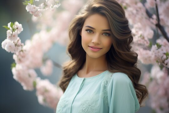 Stylish and elegant young woman exudes confidence and beauty in a fashionable outdoor portrait in a spring park.