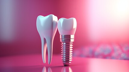 Professional dental implant on blurred defocused background with ample copy space for text placement - obrazy, fototapety, plakaty