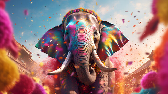 Majestic elephant adorned in Holi colors, embodying the festival's spirit. his image has high commercial value for travel and tourism industries, promoting cultural awareness and festival experiences