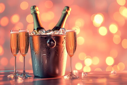 a bottle of champagne in a tin bucket with ice, a festive background. copy the space.