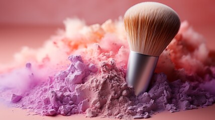 makeup brushes or on a pastel-colored background, makeup brushes, and powders