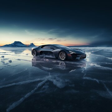 sport car on ice with mountains in the background. 3d render. AI.