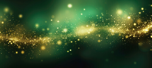 Waves of golden sparkles, shiny glitter bokeh lights on green background