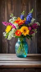 A Burst of Blooms: A Colorful Vase Overflowing with Fresh Flowers on a Rustic Wooden Table. A vase filled with flowers on top of a wooden table