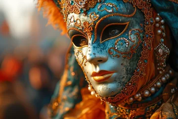 Poster Im Rahmen carnival mask in venice with flower decorations, beautiful woman, fantasy-inspired art. a costume ball. © MaskaRad