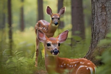 White tailed deer fawn witj hind on natural trail in north Wisconsin Generative AI