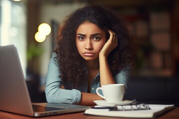 Young Latina student sitting at open laptop, expression of boredom and worry. learning difficulties, a problem. - obrazy, fototapety, plakaty