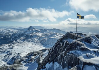 A cinematic panoramic view of the Swedish flag flying proudly atop a snow-capped mountain. The image