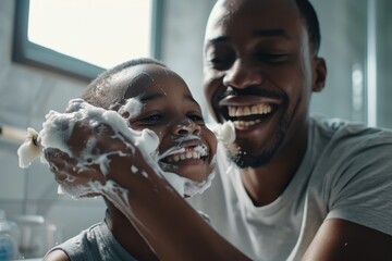 A joyful father and child enjoy a messy treat, their faces covered in sweet foam as they share a precious moment together against a vibrant indoor backdrop of a doughnut-decorated wall