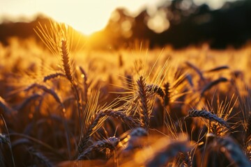 A bountiful field of wheat, a golden sea of grains swaying in the sun's warm embrace, a testament to nature's cycle of growth and harvest - obrazy, fototapety, plakaty