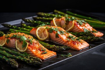 Baked salmon with green asparagus and slices of lemon on black background