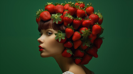 Sinnliches Portrait einer Frau mit Erdbeeren auf dem Kopf. Konzept: Kulinarische Kunst. Surreale Illustration.  - obrazy, fototapety, plakaty