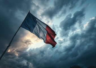 A dynamic composition featuring the French flag unfurling dramatically against a stormy sky, symboli