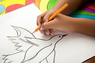 Close-up of a child's hands drawing a peace dove on a white sheet