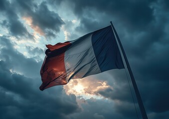 A dynamic composition featuring the French flag unfurling dramatically against a stormy sky, symboli