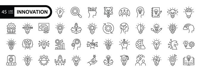 Innovation  editable stroke outline icon set. Light bulb and inspiration icon.  Innovation symbol. vector illustration - obrazy, fototapety, plakaty