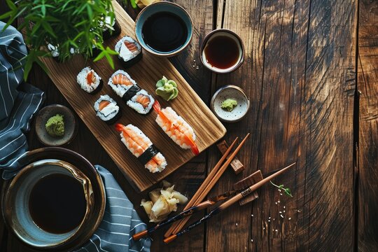 A delectable display of traditional japanese cuisine, complete with fresh sushi, elegant chopsticks, and a soothing cup of tea, set upon a rustic wooden platter for a satisfying meal experience