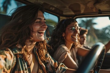 A cheerful group of stylish women with bright smiles enjoying a scenic road trip in their vehicle, showcasing their unique personalities through their clothing and expressions