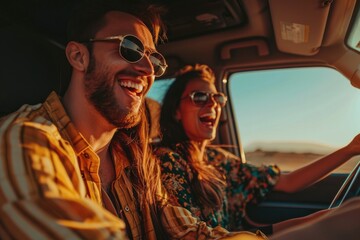 A man and woman share a smile as they drive in their car, the reflection of their faces visible in their sunglasses as they enjoy the freedom of the open road together